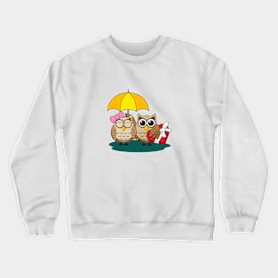 Cute Owl Lovers with Umbrella and Red Chocolate Box Crewneck Sweatshirt